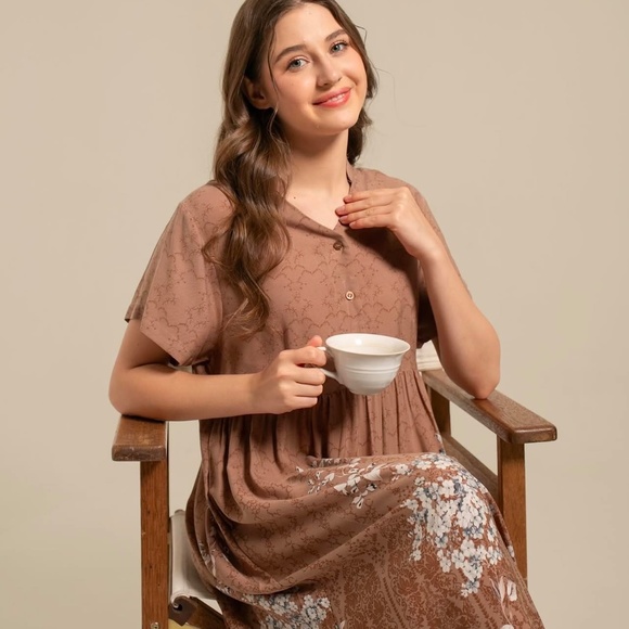 Bronze Color Button Front Dress, Mandarin Collar Dress - Picture 5 of 8